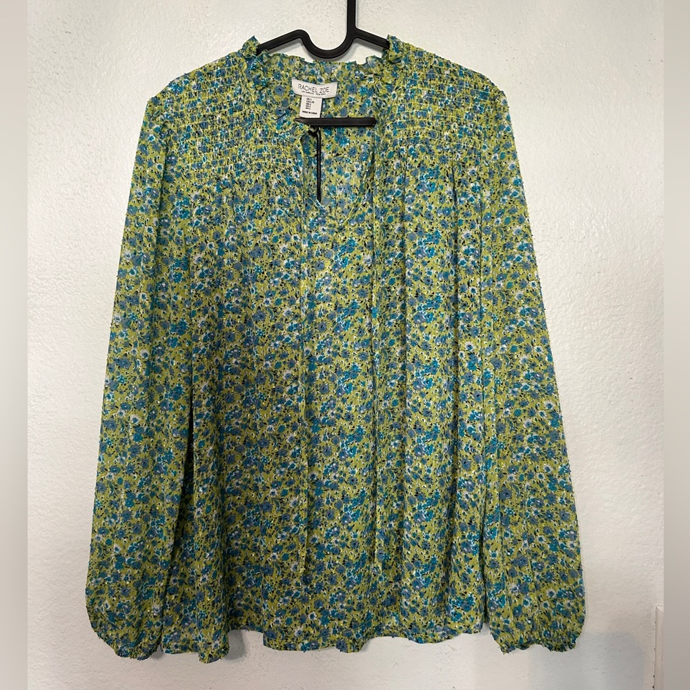 Rachel Zoe Womens Peasant Top Size:LGreen Floral Smocked Tie Neck Ruffled
